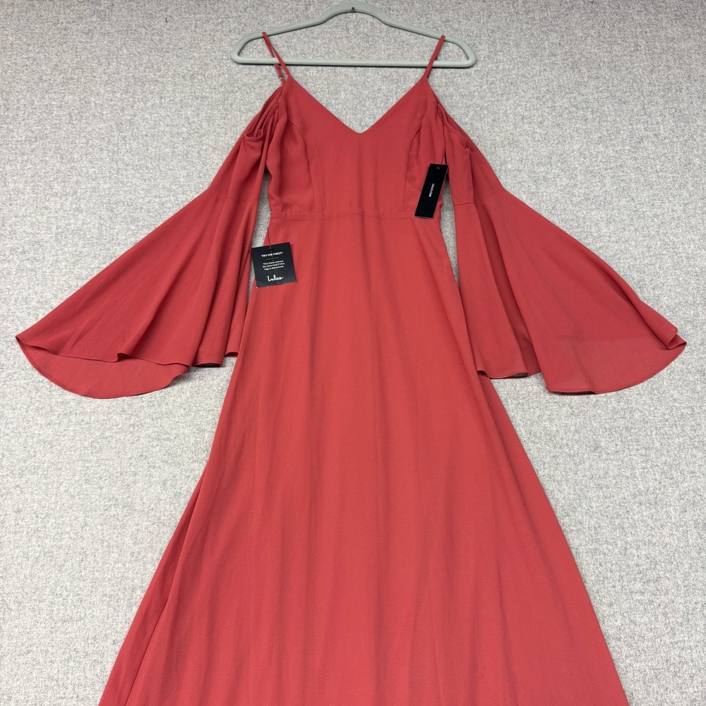 Lulus Maxi Dress XS Coral Cold Shoulder Bell Sleeve V-Neck Formal Evening Gown